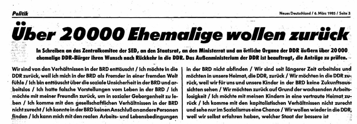 SED-Parteizeitung „Neues Deutschland“, 6. März 1985 – Die West-Ost-Migration betrug Mitte der 1980er Jahre ca. 2.000 Personen pro Jahr